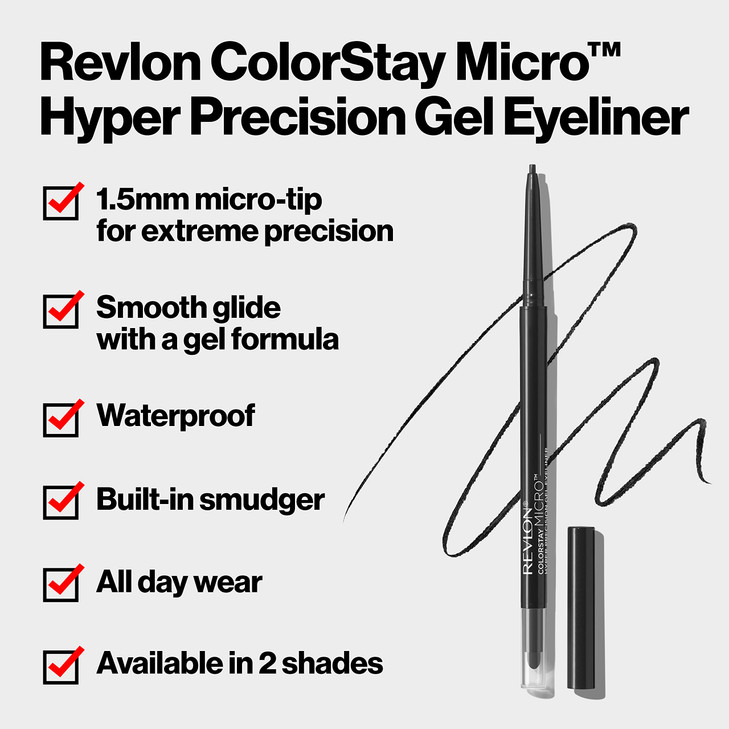 Revlon Gel Eyeliner, ColorStay Micro Hyper Precision Eye Makeup with Built-in Smudger, Waterproof, Longwearing with Micro Precision Tip, 214 Black, 0