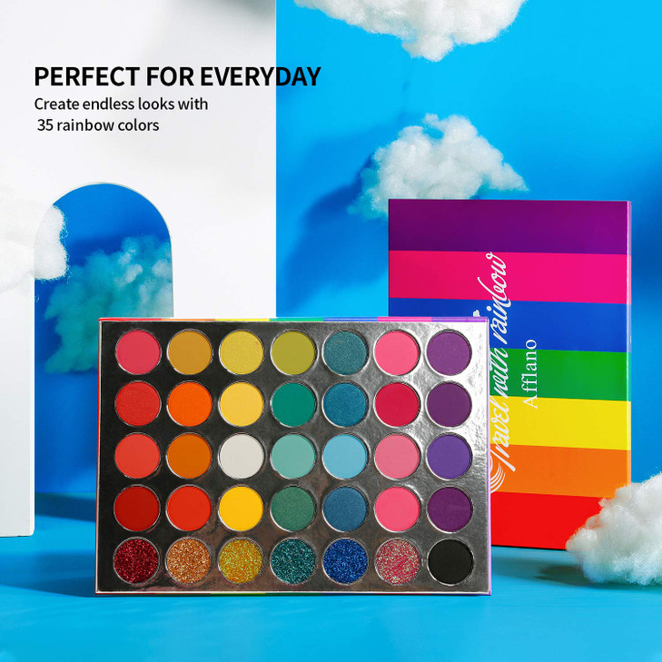 Afflano Rainbow Eyeshadow Palette Matte Shimmer Pressed Glitter, Pigmented Colorful Eye Shadow Pallets, Pink Red Orange Yellow Green Blue Purple 35 C
