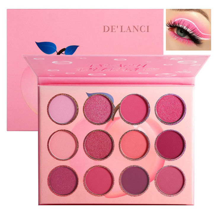 Pink Eyeshadow Palette,12 Colors Peach Matte & Shimmer Highly Pigmented Pink Mini Makeup Eyeshadow Pallet, Warm Natural Blendable Long Lasting Waterp