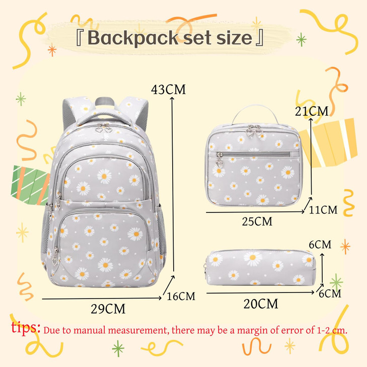 3Pcs Daisy Prints Backpack Sets Kids Bookbag Primary School Daypack Elementary Students Knapsack for Teens Girls