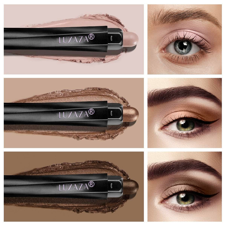 LUXAZA 3Pcs Eyeshadow Stick Set, Matte And Shimmer Creamy Eyeshadow Pencil, Brown Gold Nude Shadow Stick Set, Waterproof Long Lasting Smoky Eye Makeu