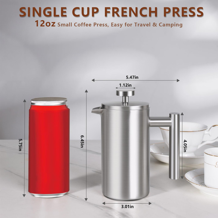 SZHETEFU 12 OZ French Press Coffee Maker, Sturdy Insulated Full Stainless Steel Coffee Press, Mini Small Camping French Presses Maker, 1-2 Cup Teapot