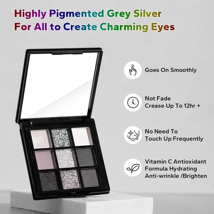 BAISEN DIARY 9 Color Smokey Eyeshadow Palette - Highly Pigmented Matte & Glitter Shades, Long-Lasting, Waterproof & Blendable, Black Silver Gray Eyes