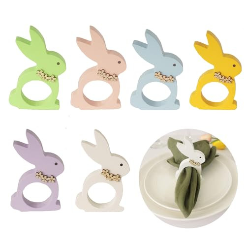 Utalek Easter Bunny Napkin Rings Set of 6, Wooden Bunny Napkin Rings, Rabbit Napkin Ring Holders for Easter Party Banquet Dinning Spring Table Decora