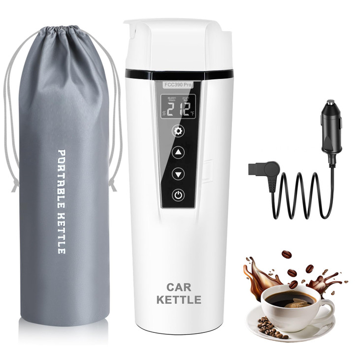 Car Electric Kettle: 12V/24V Portable Water Boiler Heated Travel Mug,Multiple Temperature Adjustable Coffee Tea Truck Cup with 304 Stainless Steel Dr