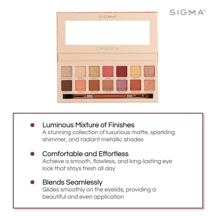 Sigma Beauty Cor-De-Rosa Eyeshadow Palette - 14 Warm Eyeshadow Shades in Matte, Shimmer and Metalic Finishes - Highly Pigmented Vegan Eye Makeup Pale