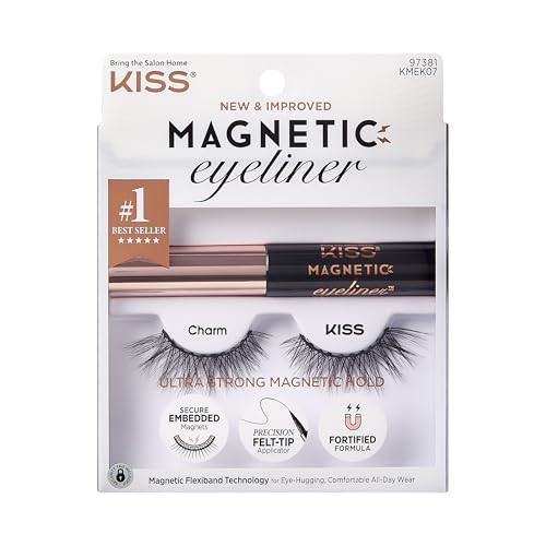 KISS Magnetic False Eyelashes and Eyeliner, Charm, 12mm, Easy to Apply, Reusable, No Glue, Flexible Band, Precision Felt Tip, Fortified Formula, 1