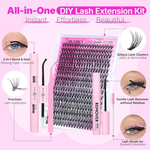 Yawamica Lash Clusters Kit 320pcs Eyelash Clusters D Curly 9-16mm 40D Individual Lashes Wispy Lash Extension Kit with Bond and Seal and Lash Remover