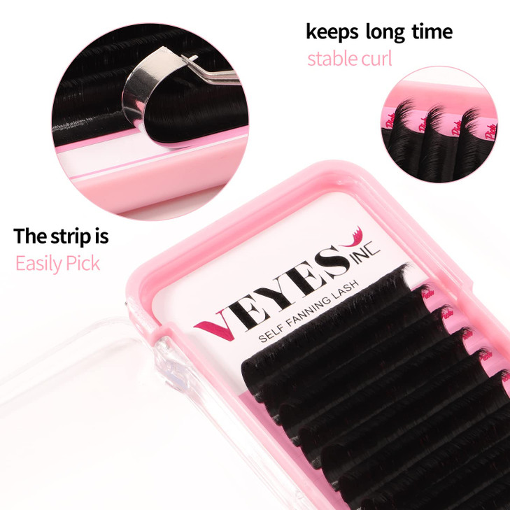 VEYES INC Easy Fan Volume Lash Extensions 03 05 07 J/B/L/C/CC/D/DD Curl 8-25mm Mixed & Single Length Tray, Matte Black Self Fanning Eyelashes, Profes