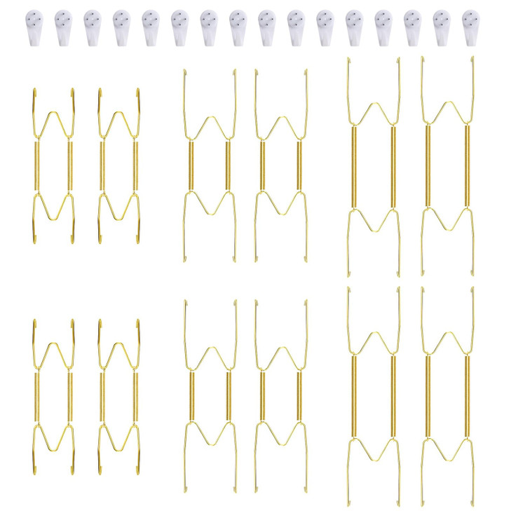 Fasunry 12 Piece Plate Hangers, 6/8/10 Inch Invisible Brass Wall Plate Hangers, Comes with 16 Piece Wall Hooks for Decorative Plates
