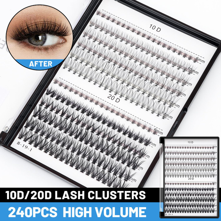 Bodermincer 10D 20D 240pcs Cluster Eyelash Extensions 10-11-12-13-14mm MixedEyelash Clusters Lash Extension Individual Lashes for Self Application (1