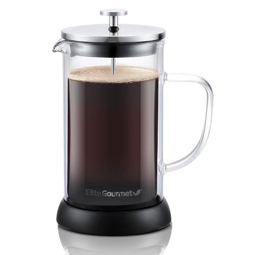 Elite Gourmet FP1223 1 Liter French Press Coffee Maker, Double Wall Insulated Borosilicate Glass Carafe, Dishwasher Safe Stainless Steel Filter/Plung