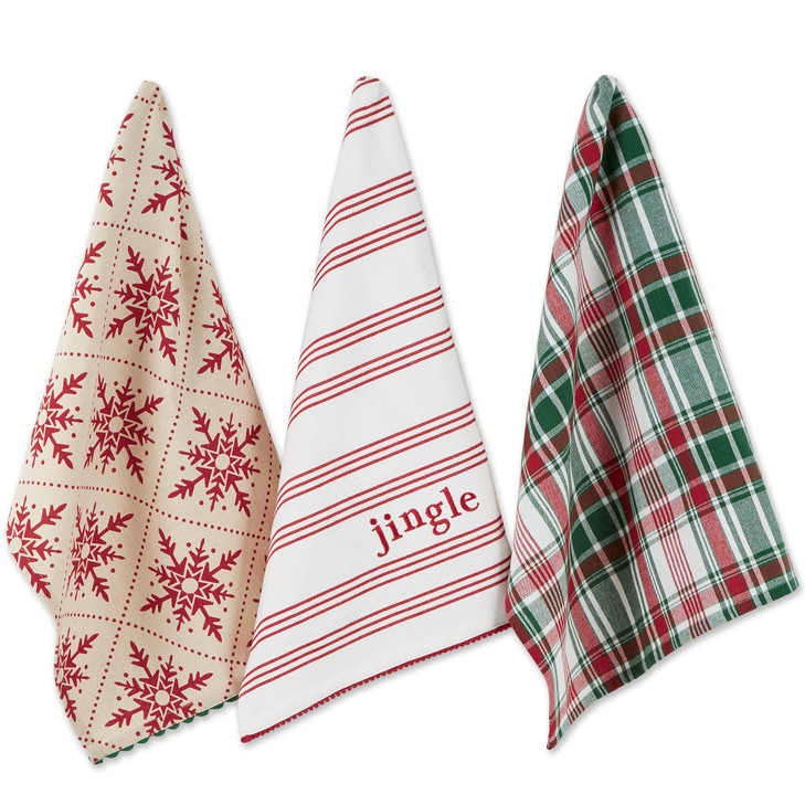 DII Nordic Christmas Collection Plaid & Stripes, Holiday Dish Towels, Kitchen Towel Set, 18x28, Jingle Stripe, Green Plaid, Red Snowflakes, 3 Count