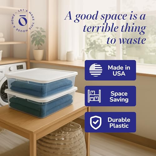 HOMZ 2-Pack Snaplock, Small Clear Plastic Storage Organizer Bins w/ Lids, 28 Quart, White - Stackable Container Boxes for Bedroom, Bathroom, Garage,
