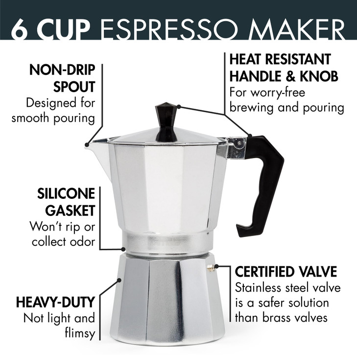 Primula Classic Stovetop Espresso and Coffee Maker, Moka Pot for Italian and Cuban Café Brewing, Greca Coffee Maker, Cafeteras, 6 Espresso Cups, Silv