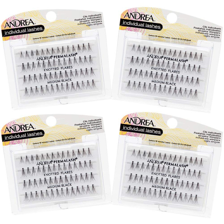 Andrea Individual Lashes Knotted Flares - Medium, Black, Lightweight DIY Lash Clusters, Natural Look Eyelash Extension, 4 Pack