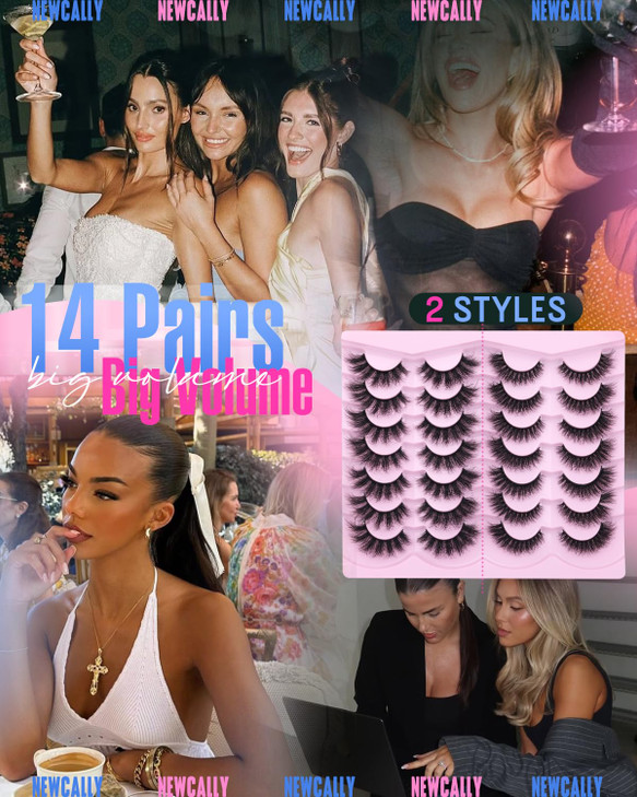 Newcally False Eyelashes Thick Volume Wispy Faux Mink Lashes 8D Volume Long Cat Eye Lashes Dramatic 18MM 2 Styles Mixed Fake Lashes 14 Pairs Pack