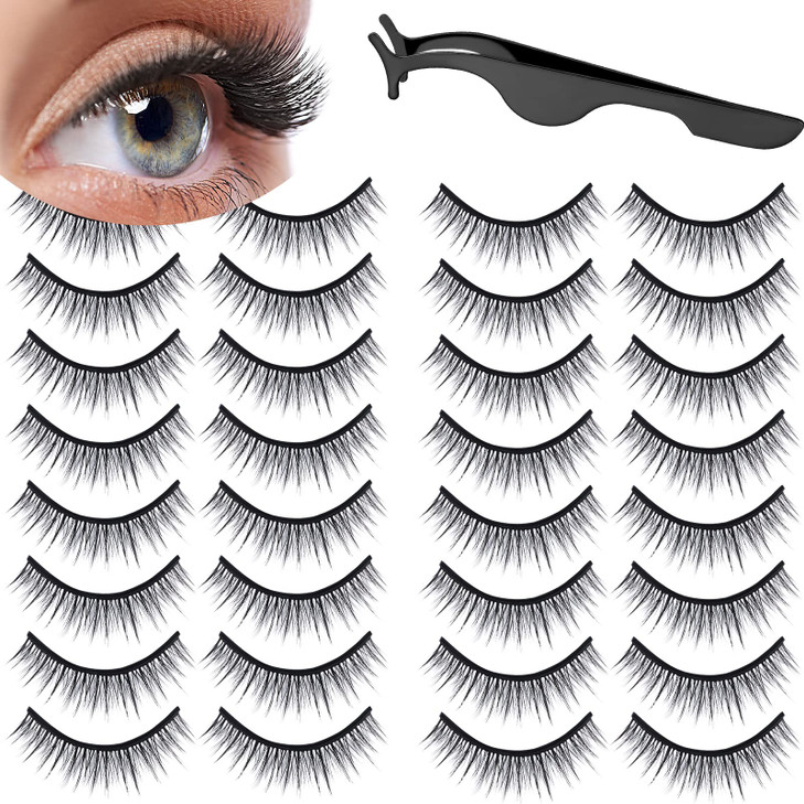 Linyuthia 16 Pair Reusable Self Adhesive Eyelashes Waterproof Stable False Lashes Self Stick Easy to Apply False Eyelashes with Tweezers for Women Na