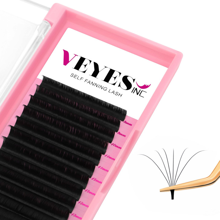 VEYES INC Easy Fan Volume Lash Extensions 03 05 07 J/B/L/C/CC/D/DD Curl 8-25mm Mixed & Single Length Tray, Matte Black Self Fanning Eyelashes, Profes