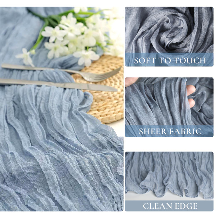 10 Pack Dusty Blue Cheesecloth Table Runner 35x120 Inch, 10FT Boho Gauze Cheese Cloth Table Runner Rustic Semi-Sheer Runner for Wedding Bridal Baby S