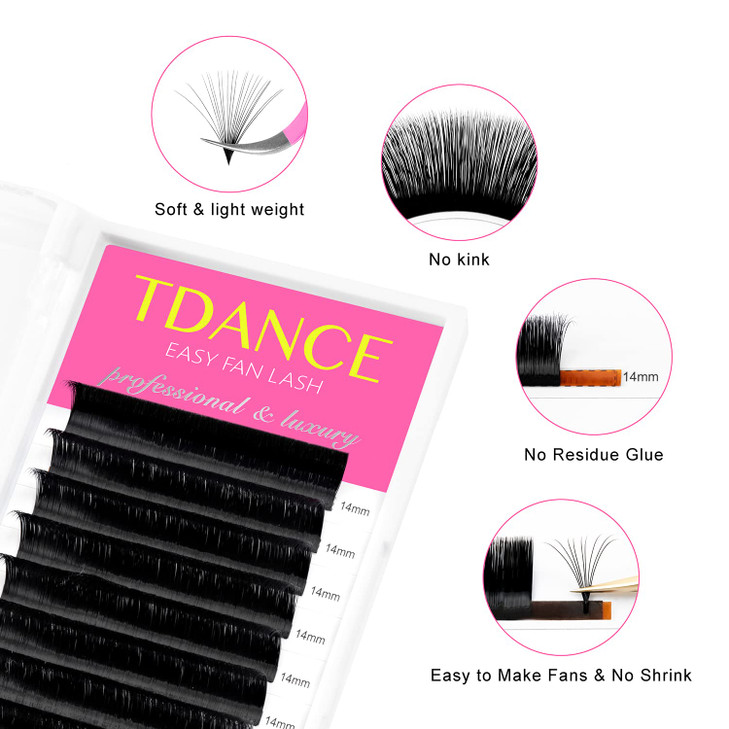 TDANCE Easy Fan Lash Extension Rapid Blooming Volume Eyelash Extensions C CC D DD J B L Curl 0.03-0.12mm Thickness Easy Fan Volume Lashes Self Fannin
