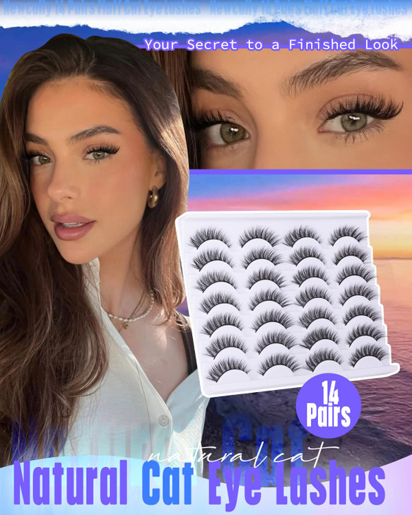 Newcally Lashes False Eyelashes Cat Eyes Wispy Natural Faux Mink Lashes 14 Pairs Pack Light Volume Short Fake Eye Lashes Multipack