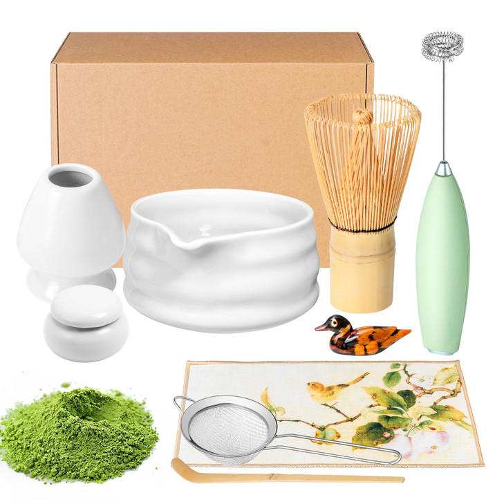 Matcha Whisk Set and Bowl, Matcha Making Kit Whisk, Bowl With Spout, Powder Starter Sifter, Ceramic Whisk Holder, Spoon Japanese Tea Tools For Ceremo