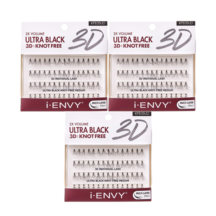 iENVY 3D Individual Lash Knot Free Ultra Black 2X Volume (3 Pack Medium)
