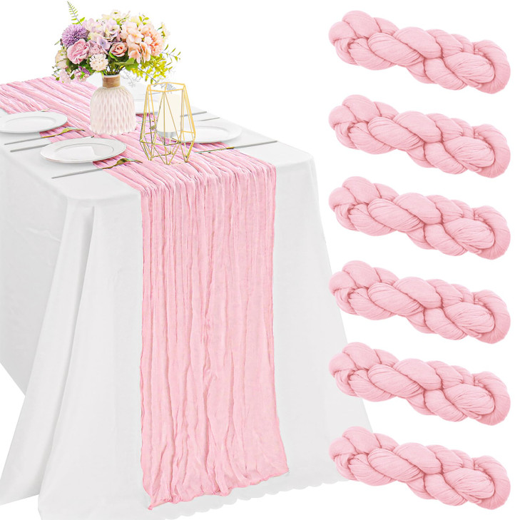 6 Pieces Pink Valentine's Day 10FT Cheesecloth Table Runner Boho Gauze Fabric Table Runner Rustic Sheer Runner for Wedding Birthday Baby Shower Party
