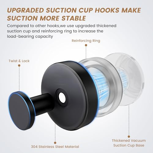 BKV Suction Cup Hooks for Glass Window,Removable Shower Hooks for Inside Shower,Metal Towel Hooks for Bathrooms,4 Pack(Black)