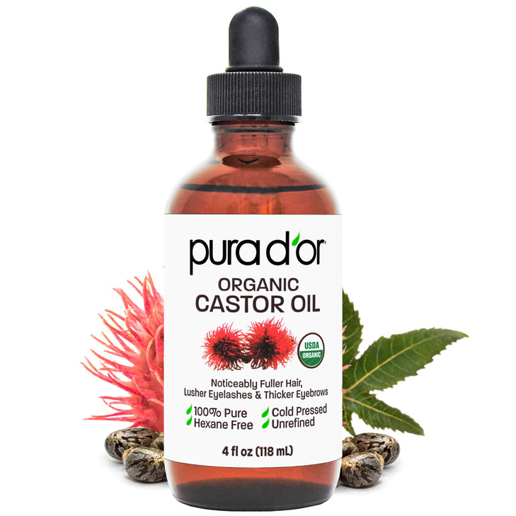 PURA D'OR 4 Oz Organic Castor Oil  Pure Cold-Pressed, Hexane-Free, USDA Certified  Lashes, Brows, Hair, Scalp, Skin  Botanical Moisturizer Support