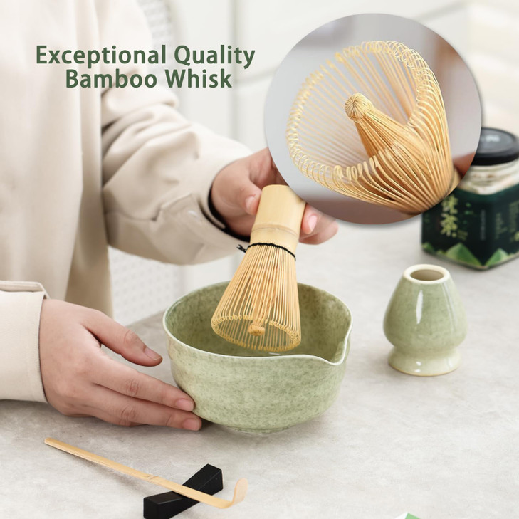 Matcha Set, Japanese Tea Set Includes Matcha Bowl with Spout, Matcha Whisk Holder, Bamboo Matcha Whisk and Bamboo Scoop, 17 oz Mottled Green Glaze Ce