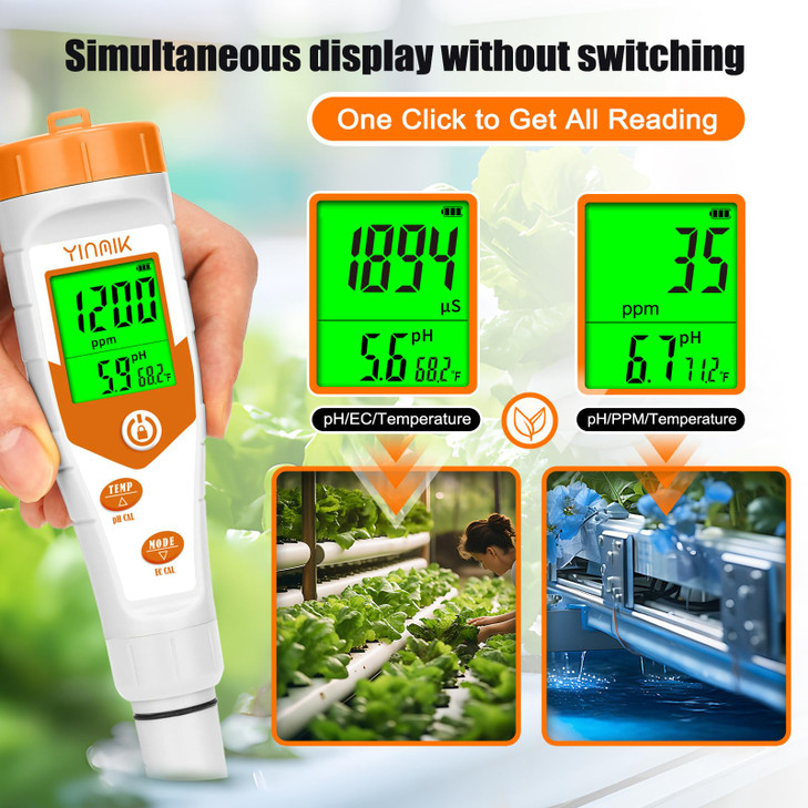 pH Meter for Hydroponics PPM EC Meter for Plant Nutrients Simultaneous Measurement of pH Conductivity TDS Temperature for Reservoir Tank Water DWC Ae