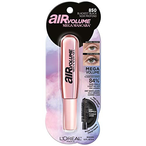 L'Oreal Paris Makeup Air Volume Mega Mascara, Lightweight & Long-lasting Volumizing Mascara for Voluminous Eyelashes, Washable Blackest Black, 0.3 Fl