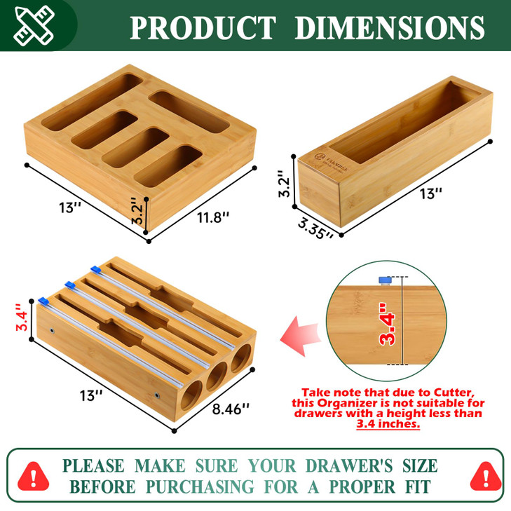 Calmbee 9 IN 1 Storage Bag Organizer for Kitchen Drawer, Bamboo Foil and Plastic Wrap with Cutter, Organizers Compatible Gallon, Quart, Sandwich Snac