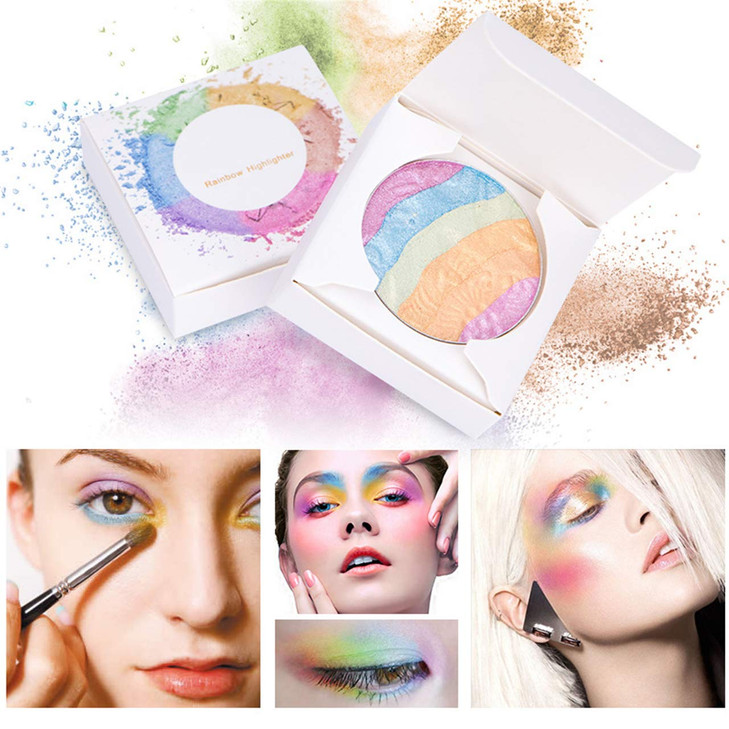 FantasyDay Pro 6 Colors 3D Baked Rainbow Highlighter Eyeshadow Makeup Palette Xmas Cosmetic Blusher Shimmer Powder Contouring Kit Unicorn Blush