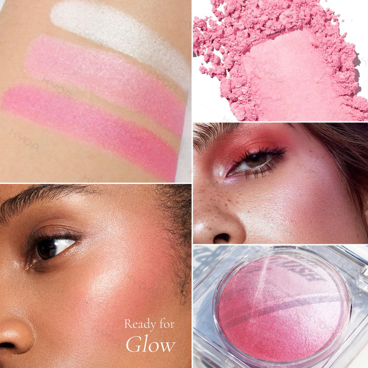 KYDA Pink Baked Blush, Pink Glow Powder for Blush and Highlighter, High Glossy Finish, Lightweight Blendable Shimmer Blusher, Multiuse Baked Powder,