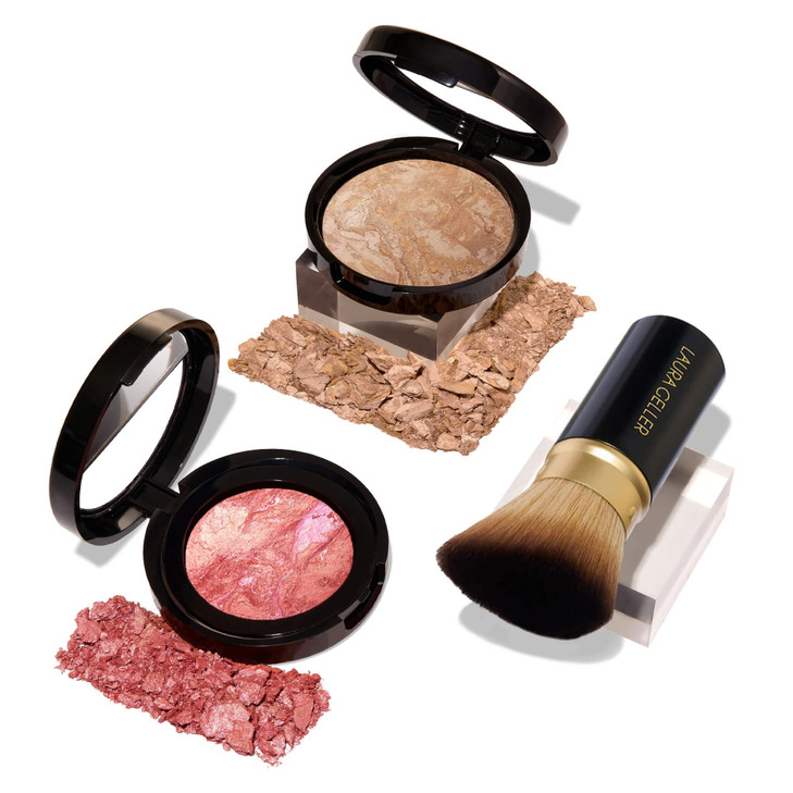 LAURA GELLER NEW YORK 40+ Club Blush-n-Balance 3pc Kit: Baked Balance-N-Brighten Color Correcting Foundation, Medium + Retractable Kabuki Brush + Bak