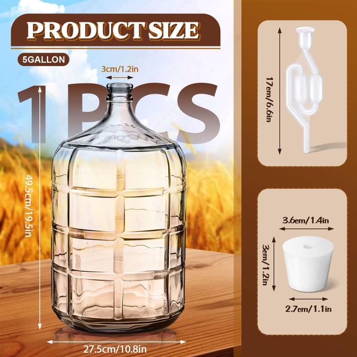 Suzile 5 Gallon Glass Carboy Set, 5 Gallon Glass Water Jug with Drilled & Undrilled Rubber Stoppers, Bubble Airlock, Handle and Brush, Fermenter Carb