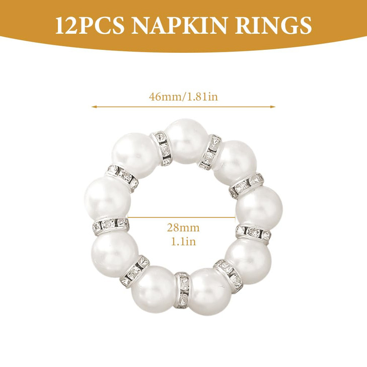 12Pcs Pearl Napkin Rings, Round Napkin Buckles Wedding Beaded White Napkin Rings Silver Napkin Ring Holder for Formal Dinner Reception Party Banquet