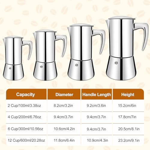 Vaolvpant No Coating 6 Cup Thickened 304 Stainless Steel Moka Pot Stovetop Espresso Maker Italian Coffee Machine 300ml 10.1oz Suitable for Gas Induct