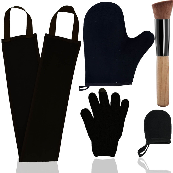 5 Piece Self Tanning Mitt Set with Tan Glove, Back Lotion Applicator, Face Mitt, Exfoliating Glove (Black)