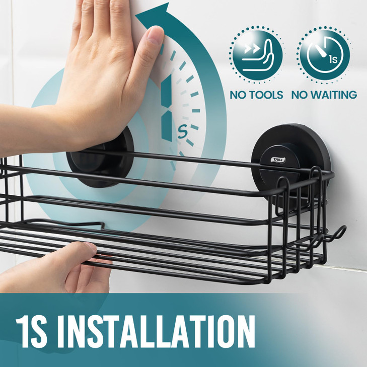 TAILI Shower Caddy Suction Cup 2 Pack with Hooks & Soap holder, Heavy Duty Shower Organizer for Bathroom, No Drilling Bathroom Organizer with Large C