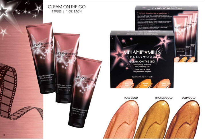 Melanie Mills Hollywood Mini Moisturizing Body Makeup Gleam on the Go Kit - Rose Gold, Bronze Gold, Deep Gold, 1 fl.oz. each