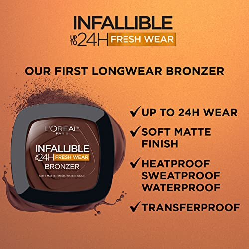 L'Oreal Paris Infallible Up to 24H Fresh Wear Soft Matte Longwear Bronzer. Waterproof, heatproof, Transfer, humidity and sweatproof, Light Medium, 0.