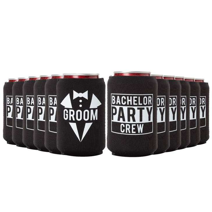 Groom and Bachelor Party Crew Squad Bachelor Party Can Coolers, Set of 12 White and Black Beer Can Coolies, Perfect Bachelor Party Decorations and as