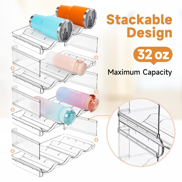 Stackable Water Bottle Organizer, Large Compartment Water Bottle Holder, 4 Tier Clear Water Bottle Organizer for Cabinet, Bottle Rack for Kitchen Org
