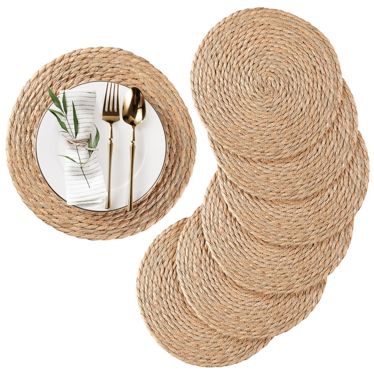 RUNTIVAN Round Woven Placemats Set of 6, Natural Water Hyacinth Place mats, 12 inch Rattan Placemats Wicker Placemats Farmhouse Boho Braided Heat Res