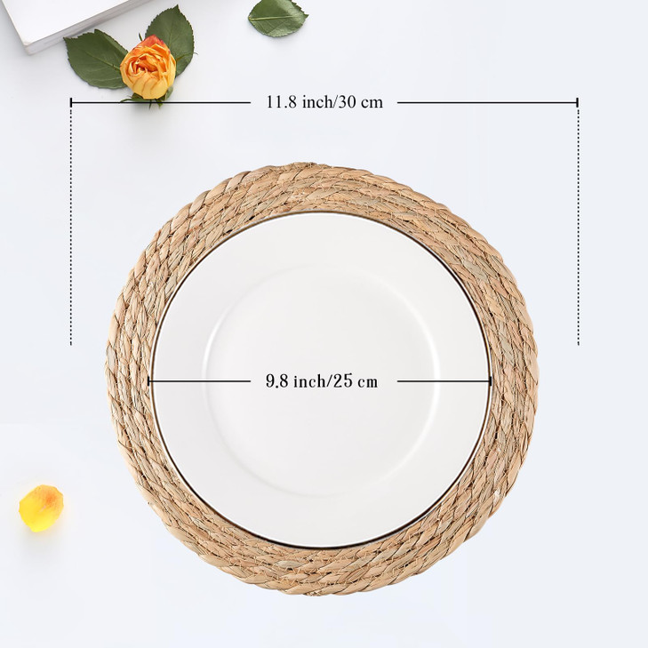 RUNTIVAN Round Woven Placemats Set of 6, Natural Water Hyacinth Place mats, 12 inch Rattan Placemats Wicker Placemats Farmhouse Boho Braided Heat Res