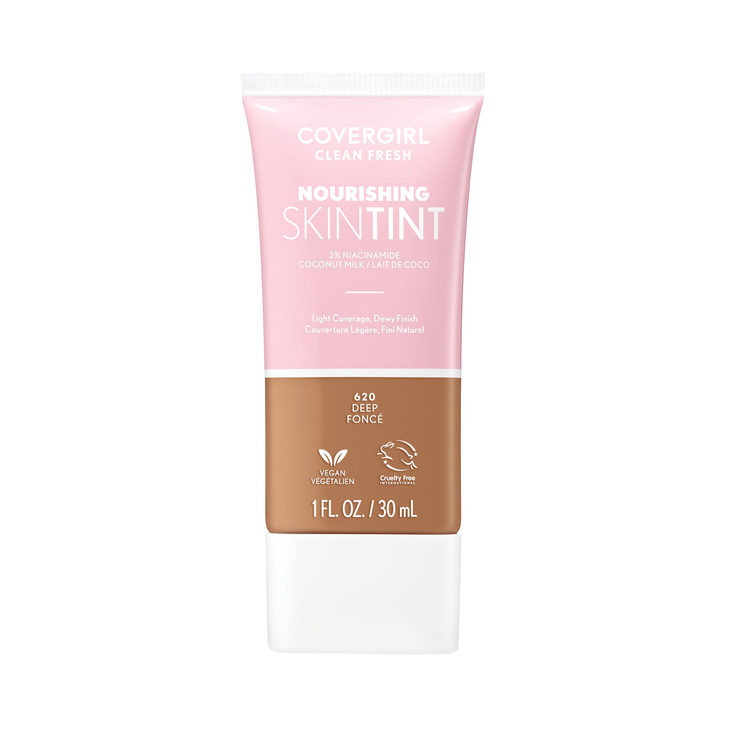 COVERGIRL Clean Fresh Nourishing Skin Tint, 620 Deep, Liquid Foundation, Dewy Finish, Infused with Coconut & Aloe, Vegan Formula